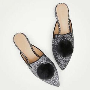 Ann Taylor Joanna Pom Pom Black & Silver Glitter Slides Women's Mules Size 7.5